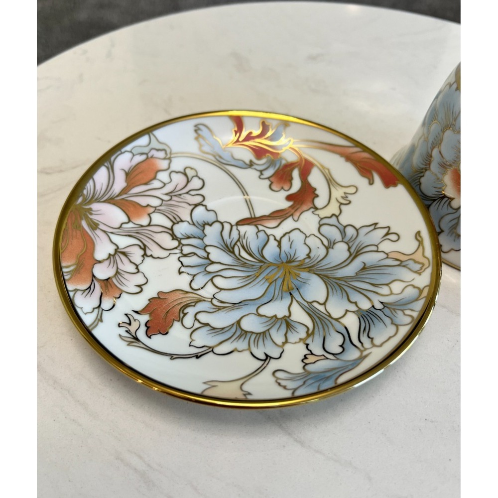 Gold Rim Peony Floral Teacup Saucer Spoon Set Fine Porcelain Cottagecore Party - Picture 11 of 14
